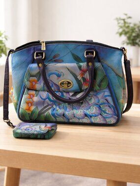 Anuschka Satchel Crossbody Bag Peacock Hand Painted